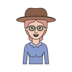 woman half body with hat and glasses and blouse long sleeve with collected hair in colorful silhouette vector illustration