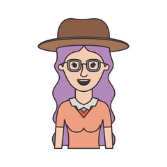 woman half body with hat and glasses and blouse with long wavy hair in colorful silhouette vector illustration