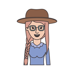 woman half body with hat and glasses and blouse long sleeve with braid and fringe hairstyle in colorful silhouette vector illustration
