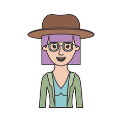 woman half body with hat and glasses and blouse with jacket with mushroom hairstyle in colorful silhouette vector illustration