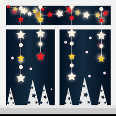 Winter evening window with new year, christmas garland and lights