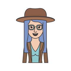 woman half body with hat and glasses and blouse with jacket and layered hair in colorful silhouette vector illustration