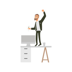 vector flat office worker man with beard in corporate clothing - jacket, suit with black necktie, character dancing at office table holding cockteil at party. Isolated illustration white background.