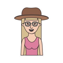 woman half body with hat and glasses and blouse sleeveless with long straight hair in colorful silhouette vector illustration