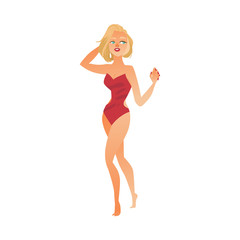 vector cartoon cute beautiful young adult woman, girl dancing at beach party in summer water red swimware on vacation. Isolated illustration on a white background.