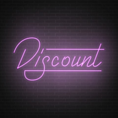 Neon Discount. Discount lettering script design. Neon sale sign on the brick wall