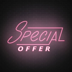 Neon Sale. Special Offer lettering script design. Neon sale sign on the brick wall