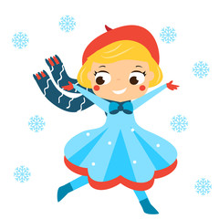 Cute winter girl running in snowfall. Kids winter outdoor activity. Vector illustration