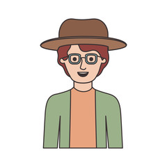 man half body with hat and glasses and shirt with jacket with short wavy hair in colorful silhouette vector illustration