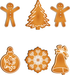 Fototapeta na wymiar Set of six isolated gingerbreads consists of a gingerbread couple, x-mas toy, snowflake, hand bell, and new-year tree