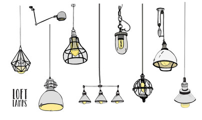 Collection of modern isolated loft lamps, vintage, retro style light bulbs. Hand drawn vector illustration.