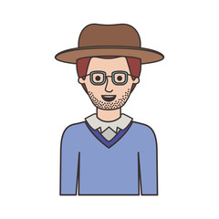 man half body with hat and glasses and sweater with stubble beard on colorful silhouette vector illustration
