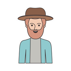 man half body with hat and jacket with short hair and beard in colorful silhouette vector illustration