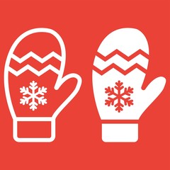 Mitten line and glyph icon, New year and Christmas, xmas sign vector graphics, a linear pattern on a red background, eps 10.