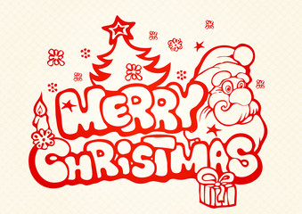 Greeting Christmas Card with Funny Santa and words Merry Christmas! vector illustration.