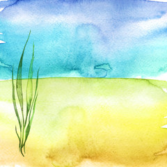 Watercolor background. Bright green, yellow field, earth, blot and blue sky, background. Seabed, seaweed. Wild green grass. place for your grass. Handmade drawing.