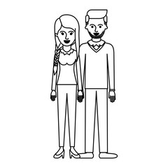 couple monochrome silhouette and her with blouse long sleeve and pants and heel shoes with braid and fringe hairstyle and him stubble beard and sweater and pants and shoes with side parted hairstyle