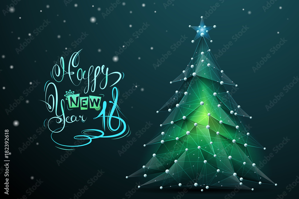 Poster Abstract image of a Christmas tree in the form of a starry sky or space, consisting of points, lines, and shapes in the form of planets, stars and the universe. Vector happy new year nature concept.