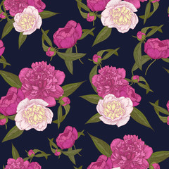 Vector floral seamless pattern with bouquets of hand drawn pink and white peonies in vintage style 