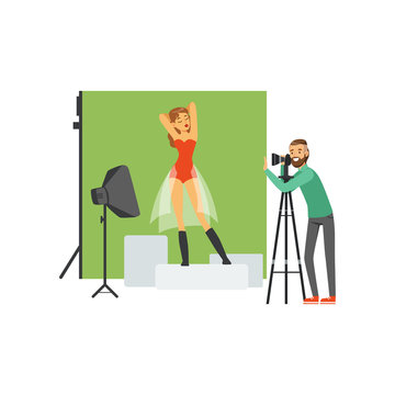Bearded man photographer standing near camera on tripod. Attractive girl model posing on green backdrop. Flat vector illustration