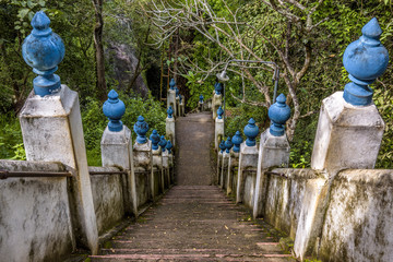 Long stone stairs to old Buddhist rock temple, Mulkirigala, Sri Lanka