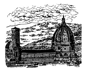 Fototapeta premium drawing background landscape view of the Duomo, the Cathedral of Santa Maria del Fiore in Florence, surrounded by Tuscan hills, sketch hand-drawn vector illustration