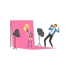 Pretty young model posing on pink backdrop. Man photographer taking pictures with camera. Active shooting process. Flat vector illustration
