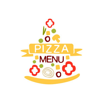 Flat colorful pizza slice shape logo with vegetables, ribbon and text. Emblem for cafe menu, food delivery company. Vector isolated on white