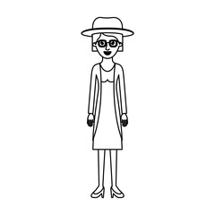 woman with hat and glasses and blouse with jacket and skirt and heel shoes with short hair in monochrome silhouette vector illustration
