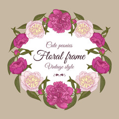 Vector floral frame with hand drawn pink and white peonies in vintage style. Invitation card with flowers