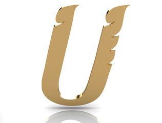 3d rendering of the letter U in gold metal on a white background. © boykung