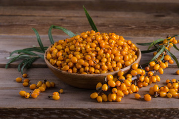Sea buckthorn in the bowl on wooden table