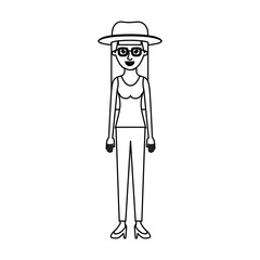 woman with hat and glasses and blouse sleeveless and pants and heel shoes with long straight hair in monochrome silhouette vector illustration