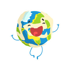 Cute smiling cartoon Earth planet character jumping, funny globe emoji vector Illustration