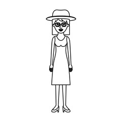 woman with hat and glasses and dress and heel shoes with mid length hair in monochrome silhouette vector illustration