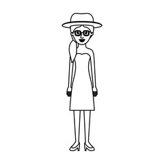 woman with hat and glasses and strapless dress and heel shoes with pigtail hairstyle in monochrome silhouette vector illustration