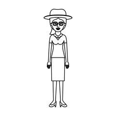 woman with hat and glasses and blouse with skirt and heel shoes with ponytail hair in monochrome silhouette vector illustration