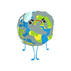 Cute angry cartoon Earth planet character, funny globe emoji vector Illustration