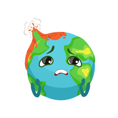 Sad Earth planet character with volcanoes erupting, cute globe with face and hands vector Illustration