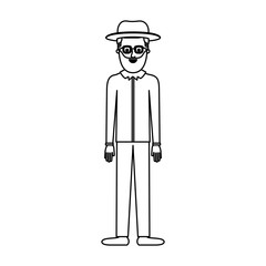 man with hat and glasses and shirt and pants and shoes with short hair and beard in monochrome silhouette vector illustration