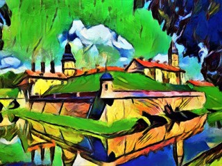The Mir Castle. Large size modern wall art oil painting on canvas. Colorful abstract impressionism artwork.