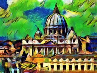 Capitol in Rome. Large size modern wall art oil painting on canvas. Colorful abstract impressionism artwork.