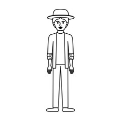 man with hat and jacket and pants and shoes with short hair in monochrome silhouette vector illustration