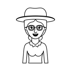 woman half body with hat and glasses and blouse long sleeve with collected hair in monochrome silhouette vector illustration