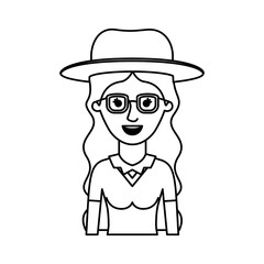 woman half body with hat and glasses and blouse with long wavy hair in monochrome silhouette vector illustration