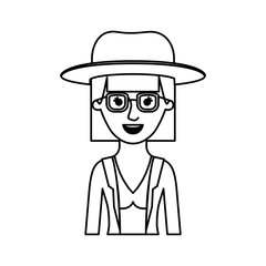 woman half body with hat and glasses and blouse with jacket with mushroom hairstyle in monochrome silhouette vector illustration