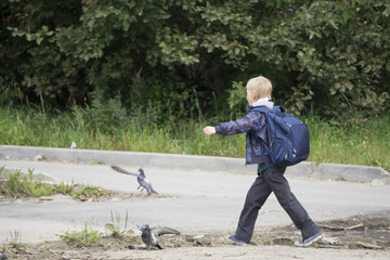 Little boy with a backpack go to school. Back view