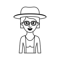 woman half body with hat and glasses and blouse with jacket and short hair in monochrome silhouette vector illustration