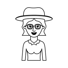 woman half body with hat and glasses with blouse long sleeve and short wavy hair in monochrome silhouette vector illustration