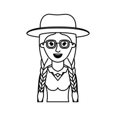 woman half body with hat and glasses and blouse with braided hair in monochrome silhouette vector illustration